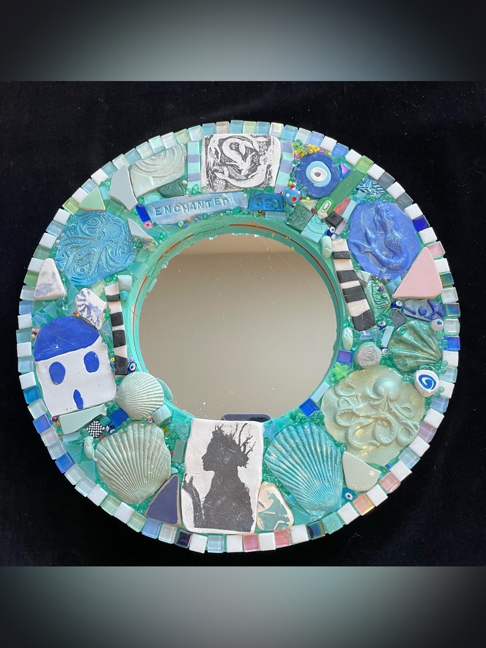 “Handmade Polymer Clay &Glass Mosaic “Enchanted Sea”Mirror Round  Shape 12”x1”